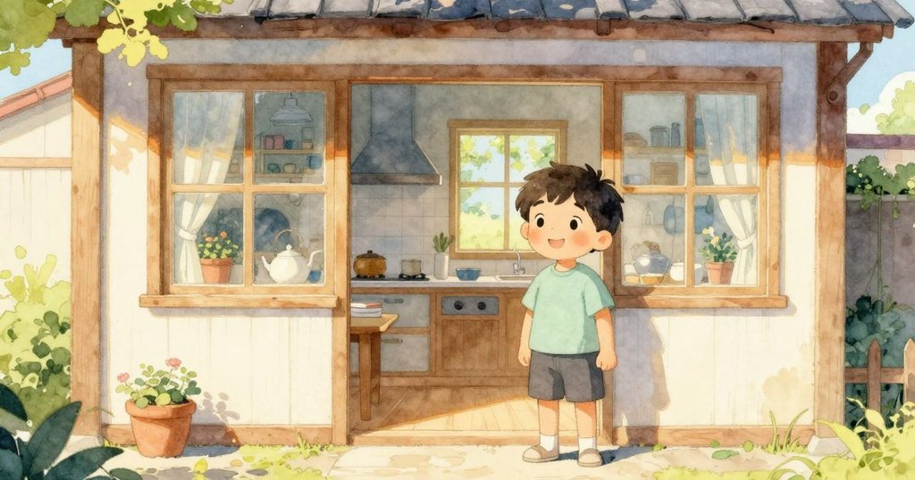 Tobin在家外觀前探望, 廚房窗戶透出溫暖光芒, 花園中晨光照耀, 故事開始充滿希望