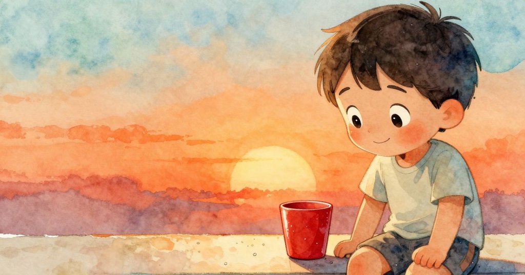 Tobin輕觸閃亮紅杯, 細膩水珠映照廚房溫暖氛圍, 冒險即將展開