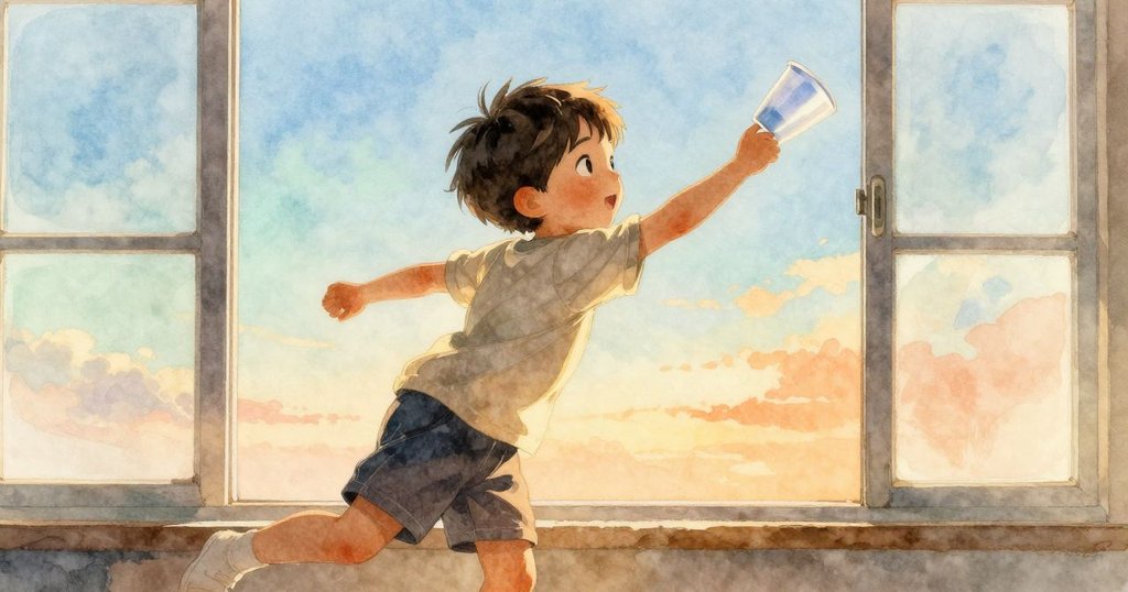 Tobin在窗邊旋轉塑料杯, 神情專注且充滿喜悅, 光線溫暖灑進室內, 展現冒險決定瞬間