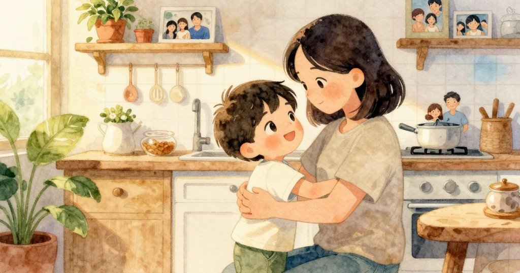 Tobin與家長在廚房溫馨重聚, 家庭照片陪伴, 家長整理盤子並微笑打招呼, 結局充滿感恩與溫暖