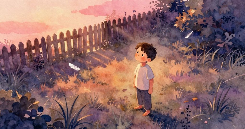 蓋納站在籬笆旁凝望著飄落的羽毛,高草搖曳,清晰展現庭院全景與溫暖光線