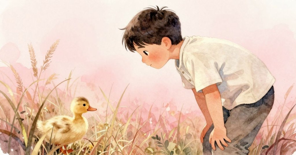 從蓋納肩後視角呈現他彎腰透過搖曳高草觀望,模糊的鴨仔逐漸顯現,神情中展現驚奇