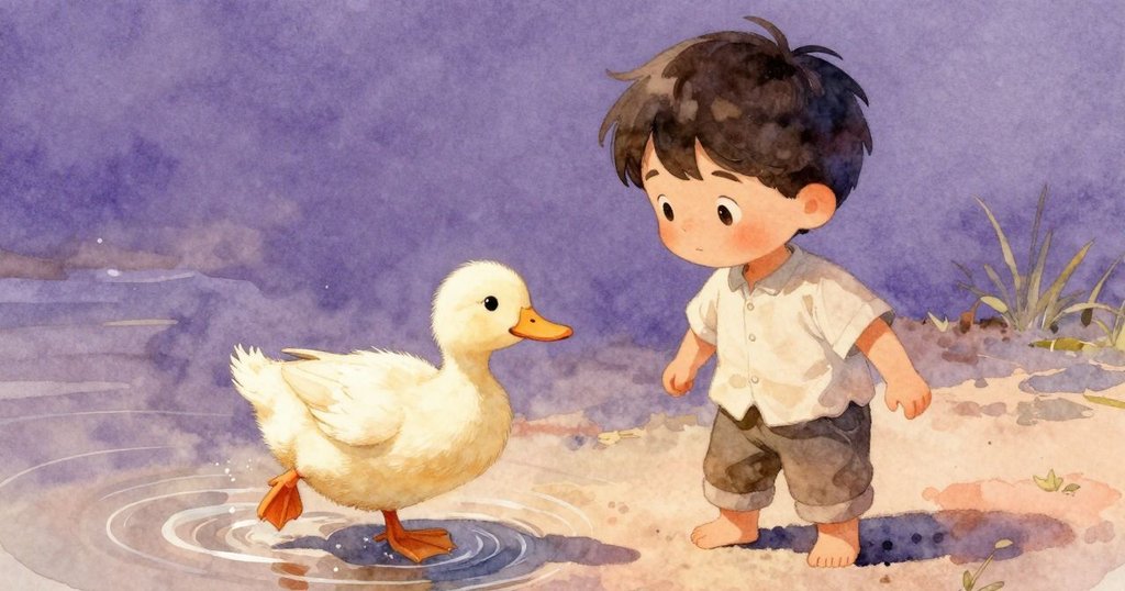 鴨仔在清水中充滿動感地划動,輕撫著受傷的翅膀,逐漸遠離光線聚焦區域,場景充滿活力