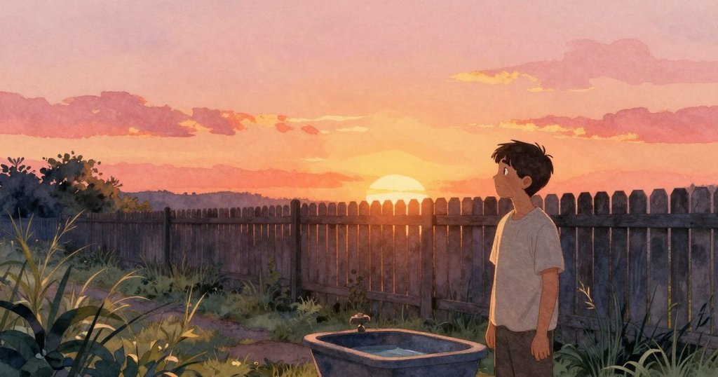 夕陽下蓋納靜立籬笆旁,庭院中的高草和石槽在金色餘暉映照下展現溫暖寧靜的結局