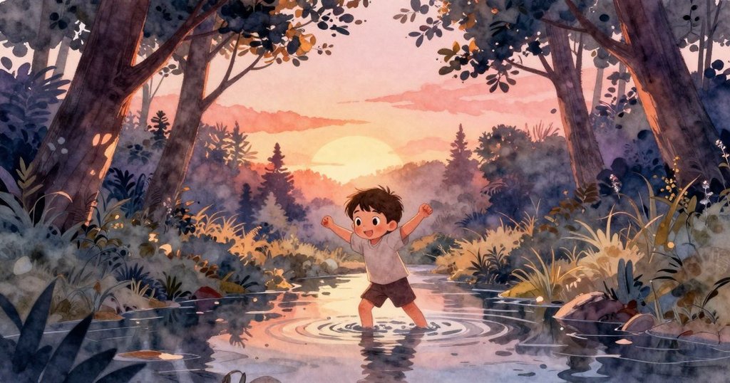 芬走進被綠樹拱起的溪流入口, 與旋轉葉片互動, 自然環境充滿溫暖光芒, 表情充滿好奇與期待