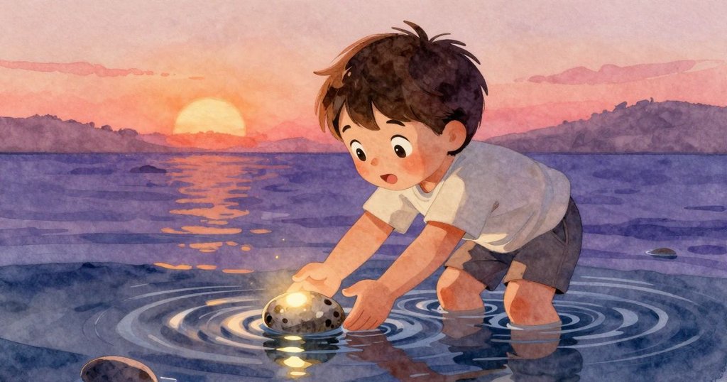 芬跪在溪邊伸手觸摸水中亮石, 冷水輕輕覆蓋手部, 充滿專注與好奇神情, 詳細環境細膩呈現