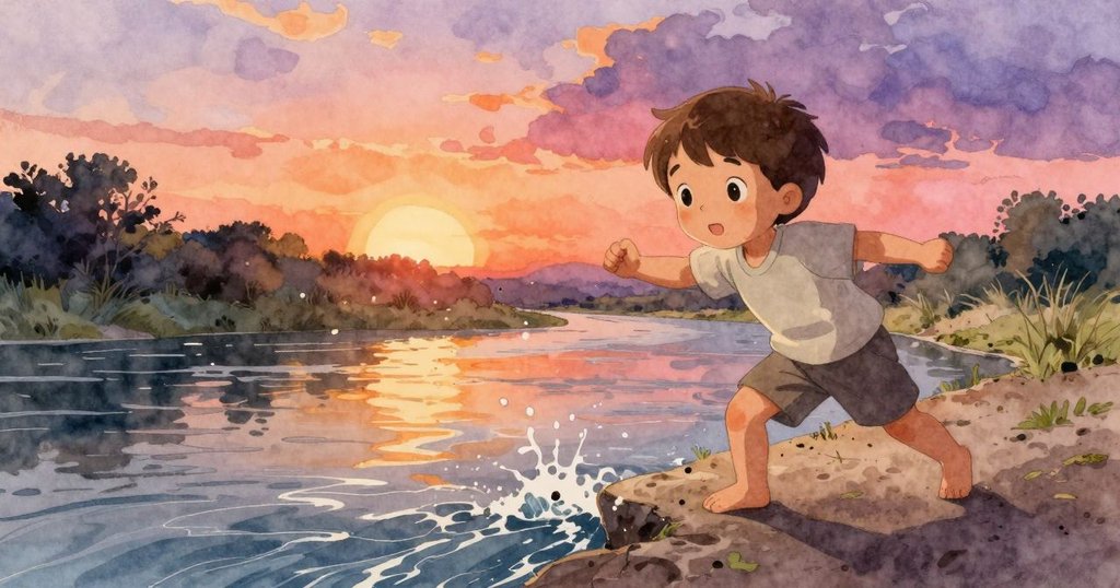 芬目光專注地掃視河岸, 同時注視流水中滑走的亮石與漂流紙盒, 動態畫面展現自然變化