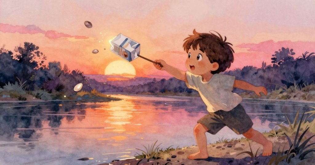 芬用叉狀樹枝輕推漂流紙盒, 揭開散落在岸邊閃亮貝殼, 光線變化中充滿驚喜與發現