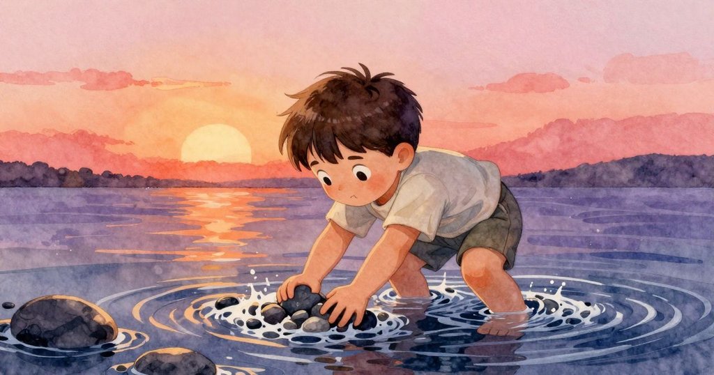 芬在湍急流水中奮力勾取亮石, 臉上充滿堅定與努力, 周遭流水動感十足, 充滿迎戰挑戰的氣氛