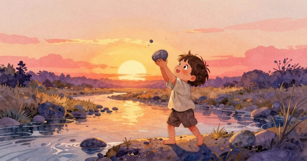 芬在黃昏金色餘暉下舉起亮石, 向對岸溫暖微笑且拿著便條的長輩揮手, 場景充滿希望與喜悅