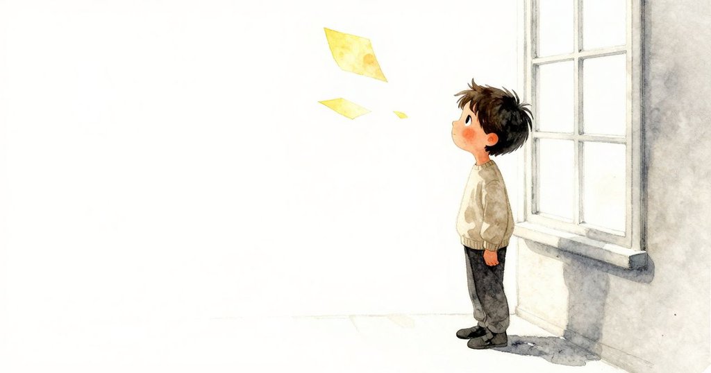 Keane在安靜的教室中，站在明亮窗邊，黃色紙角隨風飄動，展現探索與期待的神秘氣氛