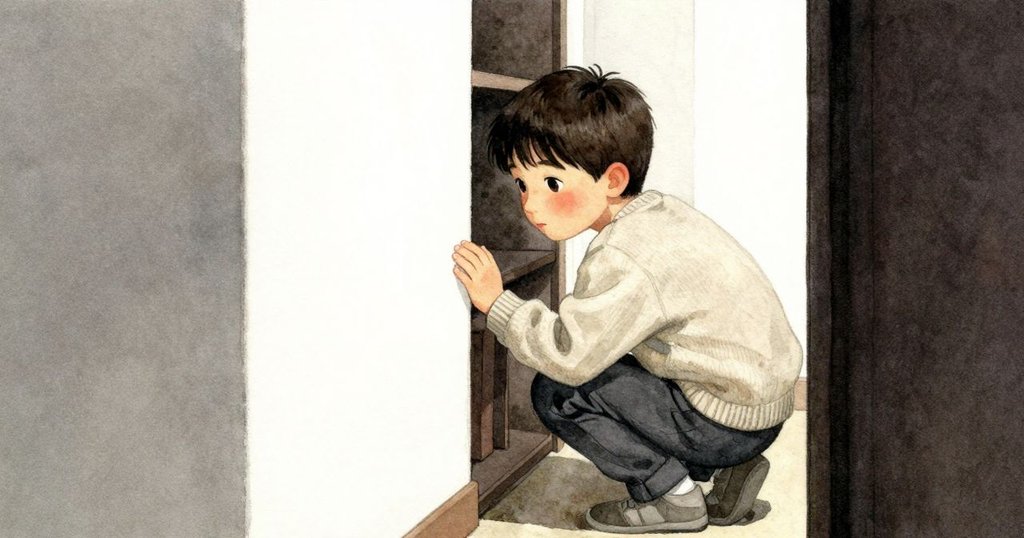 Keane從書架縫隙中窺視走廊，背影與昏暗空間交織，展現濃厚的好奇心