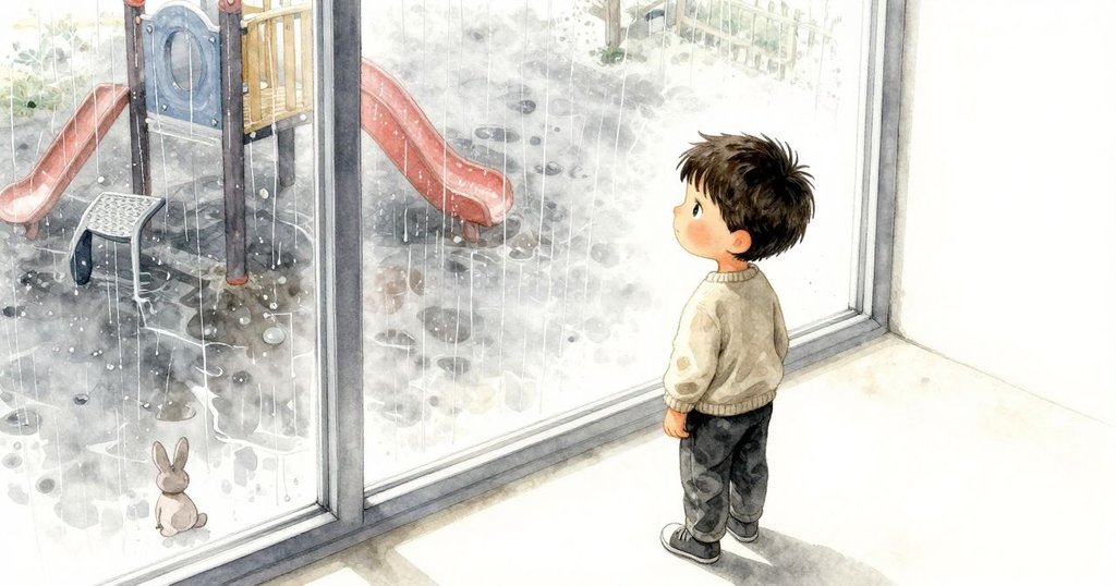 Keane站在高窗邊，窗外灰雨滴落，濕潤操場石塊蜿蜒，玩具兔靜靜陪伴，畫面從上方呈現獨特視角