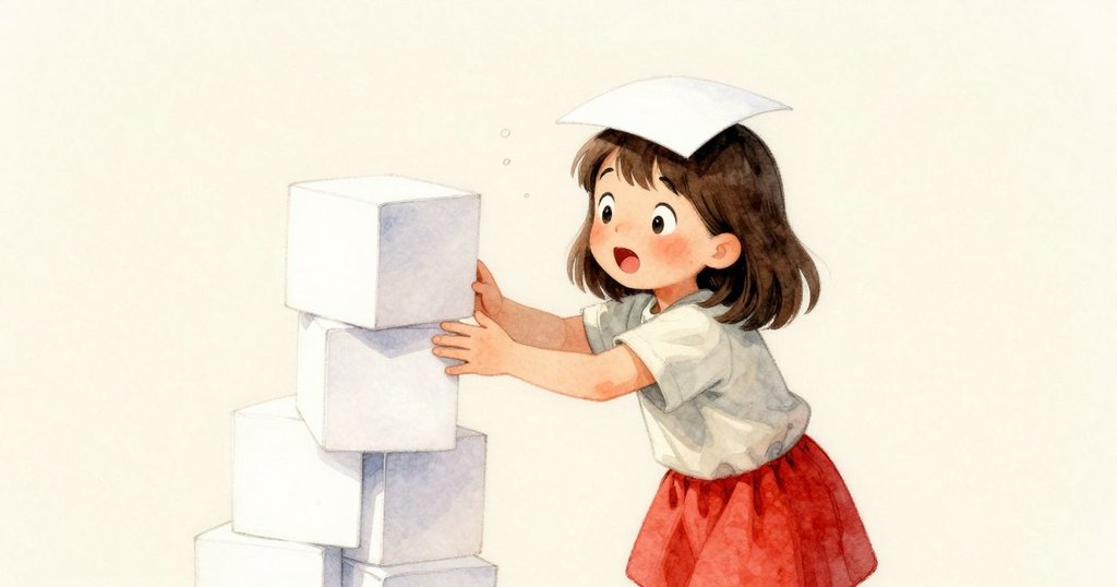 Petra在教室內堆疊紙張，一張飛來的紙片輕輕落在她頭上，臉上流露出驚喜與快樂