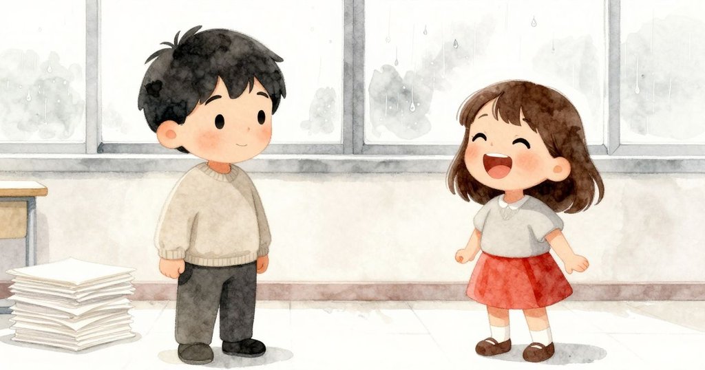 Keane與Petra在教室內共享歡笑，紙堆停下，窗外雨滴輕敲玻璃，整體呈現和平溫馨的結局