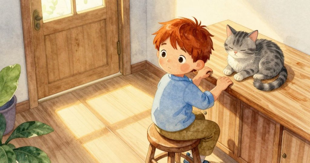 小主人坐在木凳上，廚房櫃台上有光影，貓咪在門邊安睡，空中視角呈現溫暖家庭場景