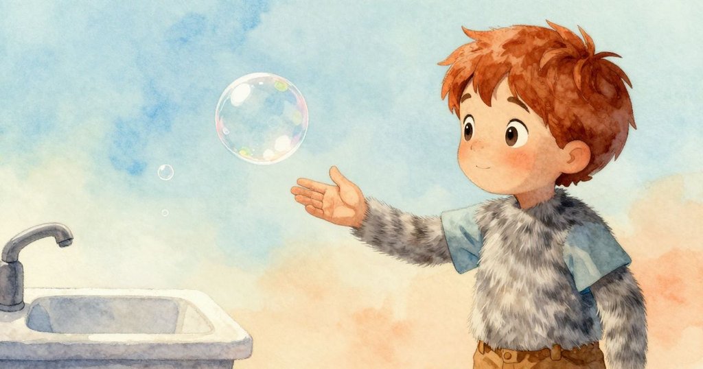 小主人伸手觸碰浮動的肥皂泡，近距離展示溫柔動作與飄散泡沫，室內溫暖光線映照