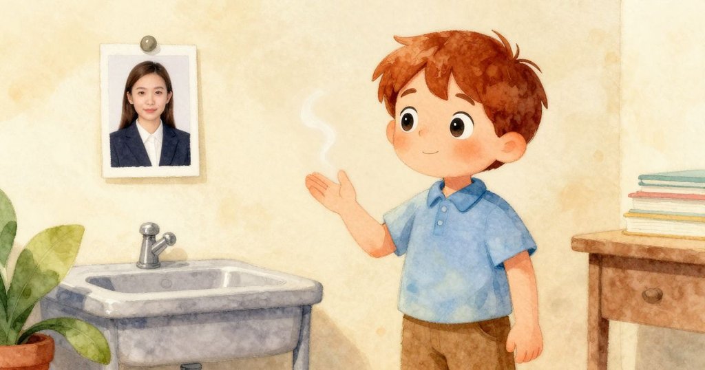 室內學習空間中，牆上掛著老師的照片，玻璃上籠罩著溫暖霧氣，小主人回頭望向肥皂泡，連結柔美瞬間