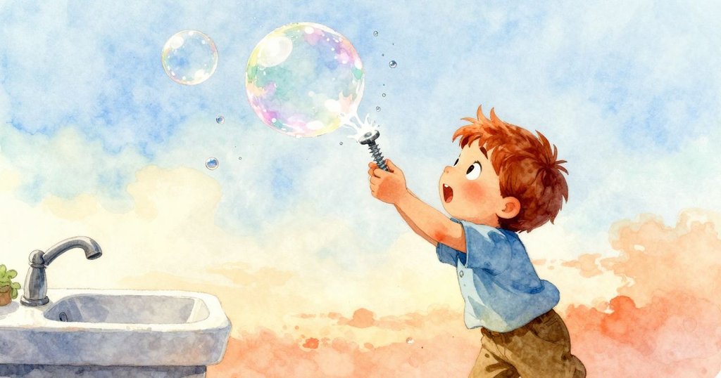 突然間肥皂泡在鬆動的螺絲上爆裂，小主人驚訝表情中見到金屬上閃爍的水珠，動感瞬間展現