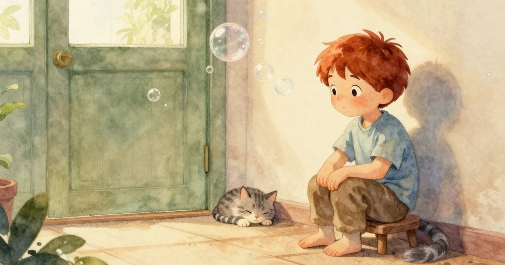 房間恢復平靜，小主人靜靜坐在木凳上思索，貓咪依然安睡於門邊，整體家居空間被柔和晨光瀰漫