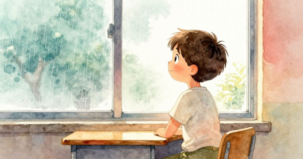 Renn站在教室桌邊，透過大窗戶看到外面綿綿細雨，剪影輪廓顯現神情專注與期待，環境溫暖明亮。