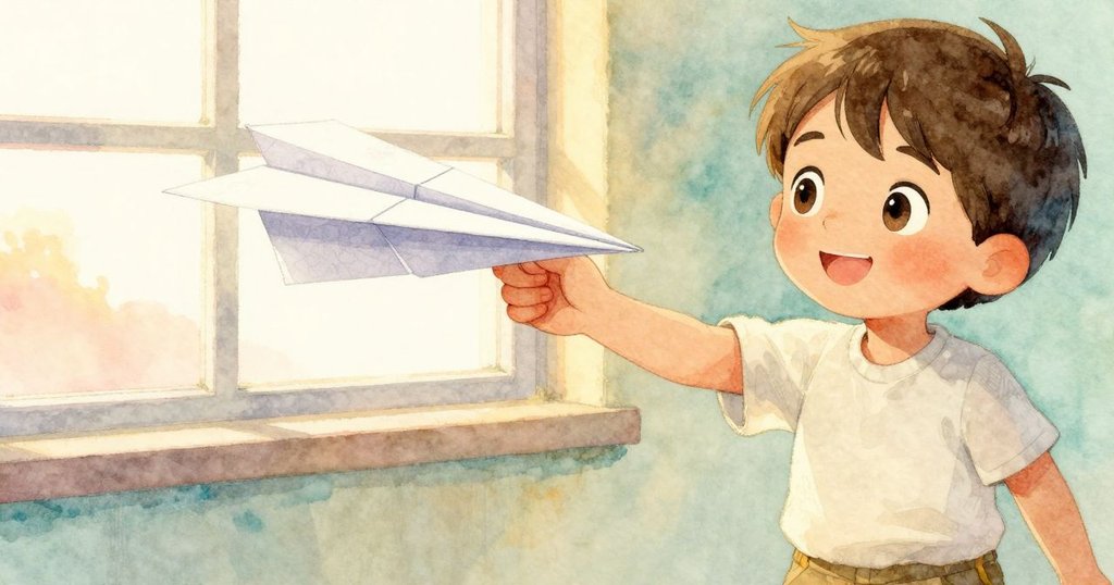 Renn伸出手觀望紙飛機，紙飛機精心摺疊展現獨特設計，光線柔和，透露驚奇與欣賞之情。