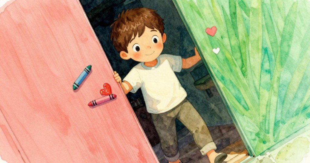 Renn走進狹窄空間，明亮蠟筆與愛心貼紙在斜角鏡頭中閃爍，營造出期待與驚喜的氛圍。