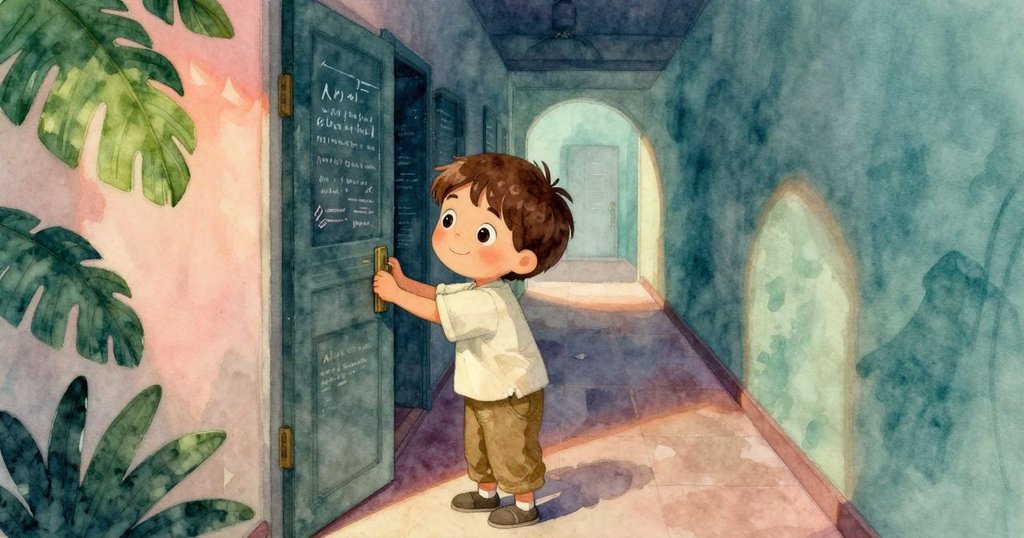 Renn輕推隱藏門扉，探索教室秘密角落，柔和光線與牆上粉筆字營造出神秘而溫馨的探索情景。