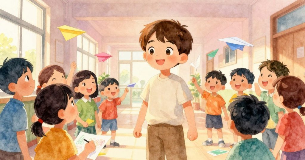 Renn與同學在陽光充沛的走廊慶祝藝術創作，紙飛機與色彩斑斕的展示品彌漫著快樂與活力。