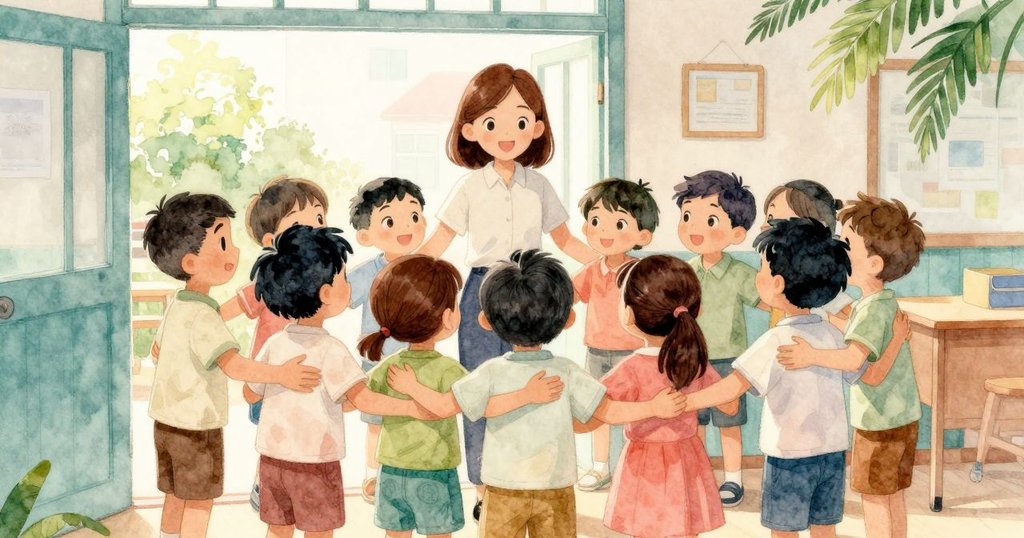 Renn與老師及朋友在教室門口重逢，溫暖光線灑入，大家相聚擁抱笑容滿面，象徵冒險後的和諧結局。