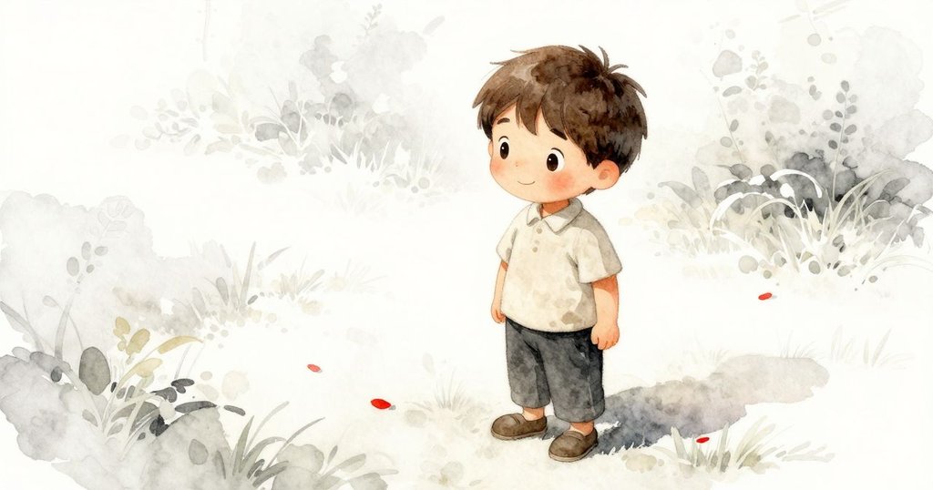 晨光中,Sawyer站在後花園中,注視著一片鮮紅花瓣,神情平靜,背景展現自然植物與柔和晨光。