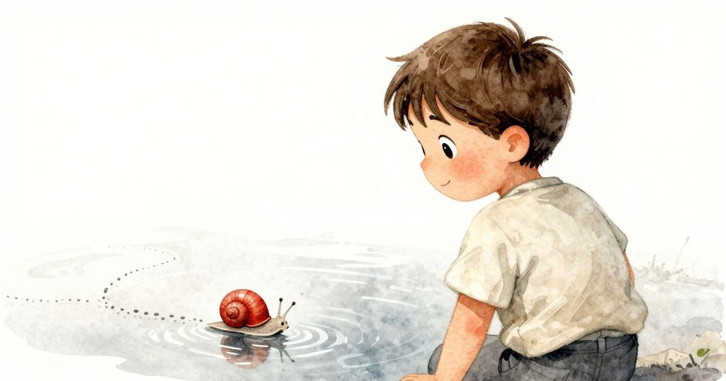 Sawyer從背後看向寬闊水坑,注意到閃閃發亮的蝸牛痕跡,展現出思索與驚奇的情緒。