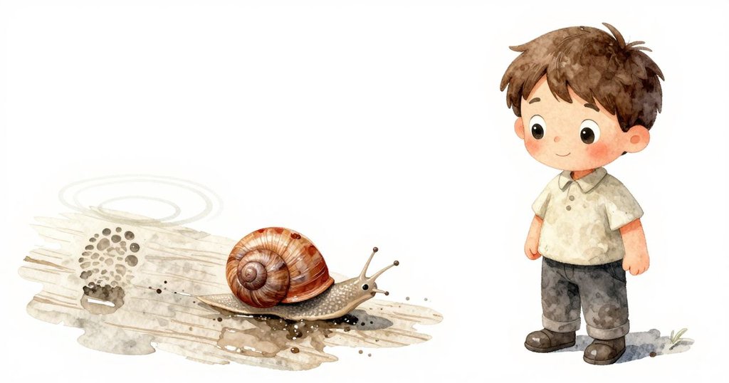 特寫鏡頭展示水坑細節,銀色蝸牛軌跡與黏著泥土的深色鞋印,以及木邊淡水環,營造出豐富質感。