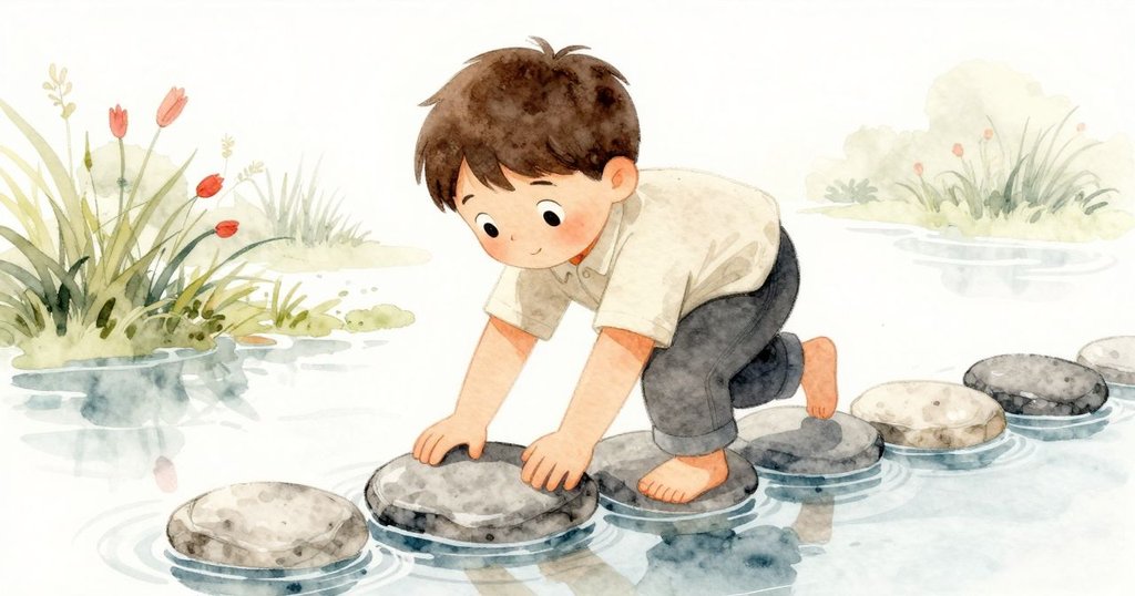 Sawyer小心翼翼地在水坑上放置平石形成小橋,動作專注且果斷,場景呈現晨光與自然庭園細節。