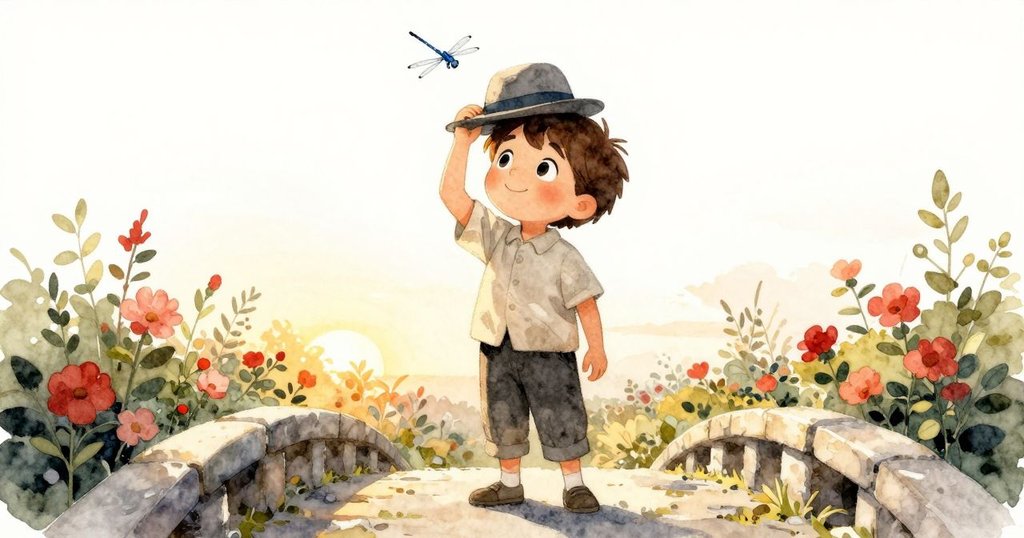 夕陽下,Sawyer走在石橋上輕舉溫暖帽子,藍色蜻蜓飛過,花園靜謐溫馨,展現旅程結束與平和情感。