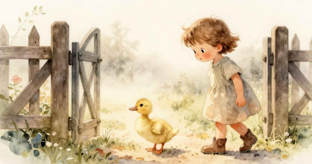 奧拉在柔和晨霧中的木門前好奇地追尋小鴨仔，溫暖陽光灑落，展現探索與期待的情感