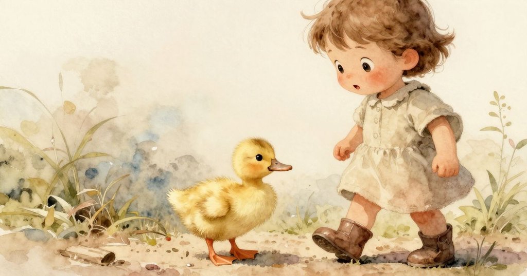 從奧拉背後看見她沿狹窄小徑追隨小鴨仔，踏過木製障礙，展現追尋路途中的專注與靈動