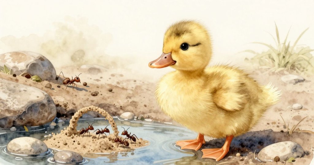 小鴨仔停在閃耀水槽旁，濕潤土地與石頭散發光澤，螞蟻築起沙拱，營造初夏生機