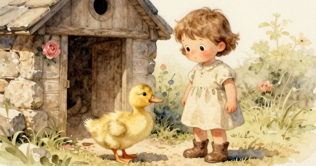 奧拉站在溫暖石旁與小鴨仔團聚，雞舍背景中柔和光線營造寧靜結局，流露出安心與溫馨情感