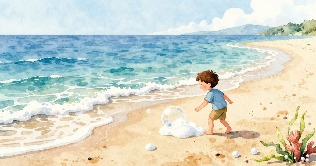 Kit在海灘遠處注視著泡泡滑過濕沙與潮池，畫面廣闊、晨光溫柔，故事剛開始展開旅程
