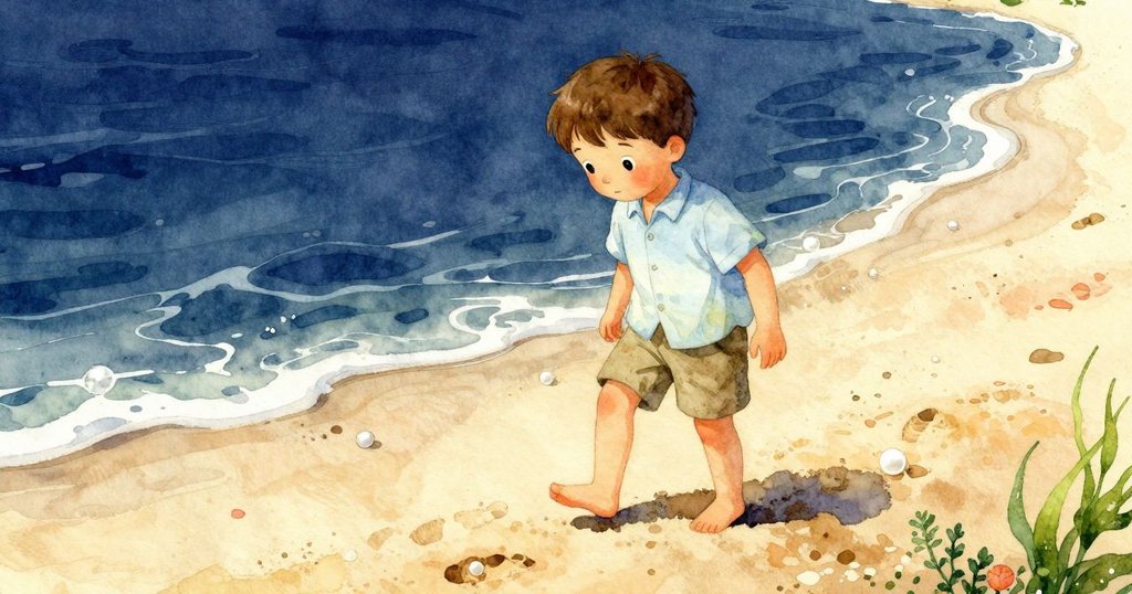 Kit踏著濕沙留下清晰腳印，隨著泡泡前行，陽光斜照沙地展現溫暖氛圍，故事逐步展開