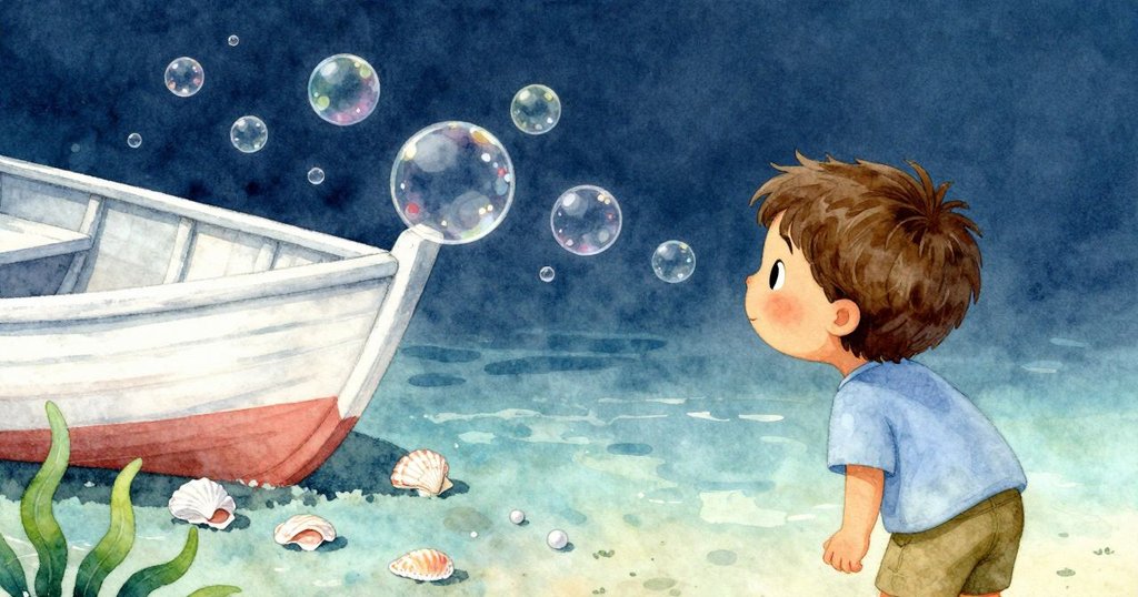Kit從背後觀察泡泡飛奔向傾斜小船，沙上貝殼輕響，充滿好奇與期待，情節逐漸加速