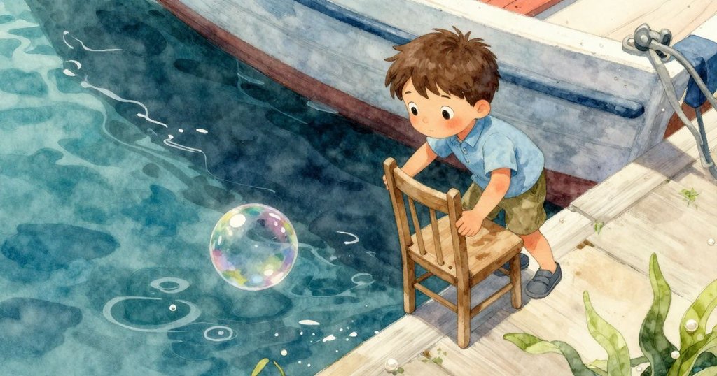 Kit在小船旁輕推擺放的椅子，打開通道讓泡泡滾動，沙粒飛揚，畫面細膩展現動作與環境