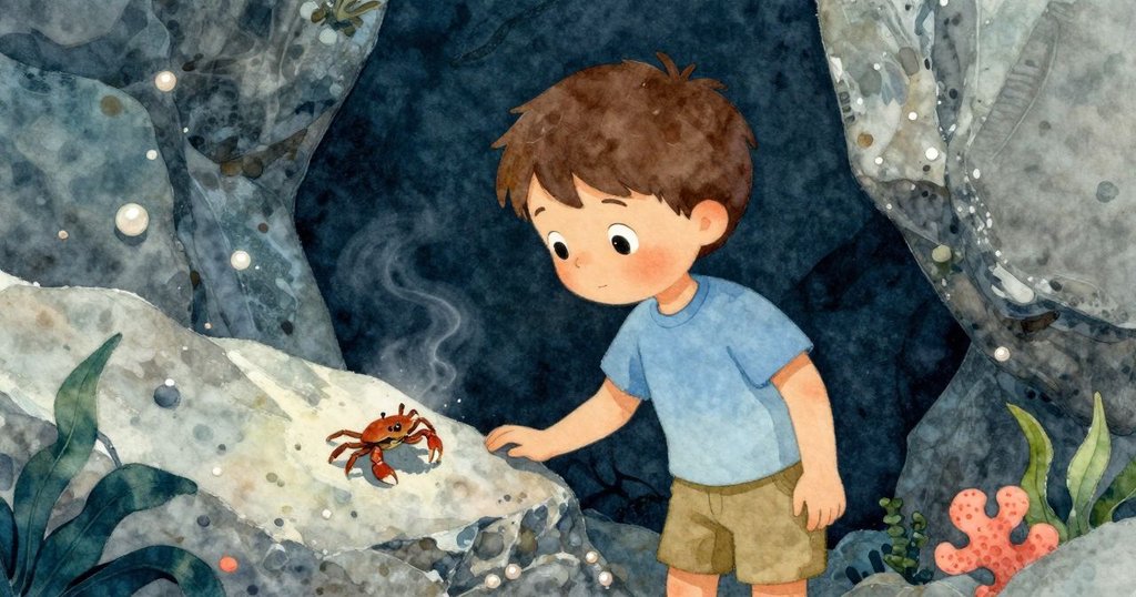 Kit走入岩縫中感受涼風拂臂，發現陰影中小螃蟹輕點，驚喜中追隨泡泡，情境充滿自然韻味