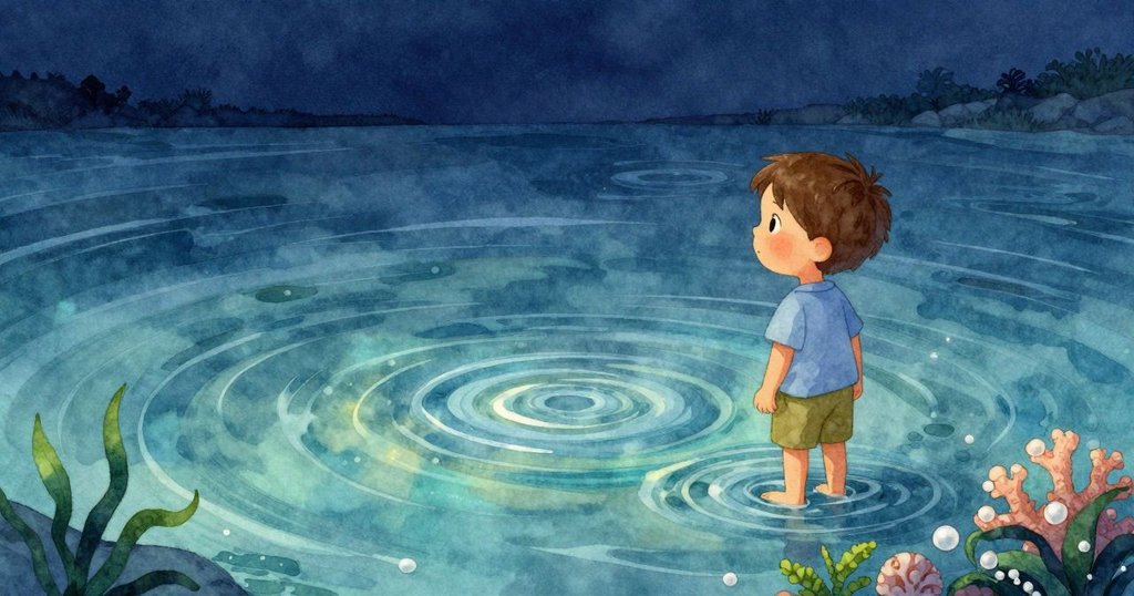 在寧靜潮池中，泡泡隨著水流旋轉消失，水面留下細微漣漪與夜色，畫面充滿平和與結束感