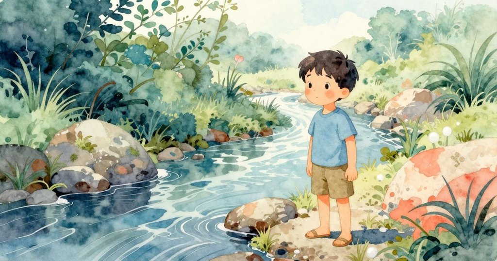 男孩站在窄小溪邊,感受清新氣息,光斑灑落水面,環境寧靜自然。