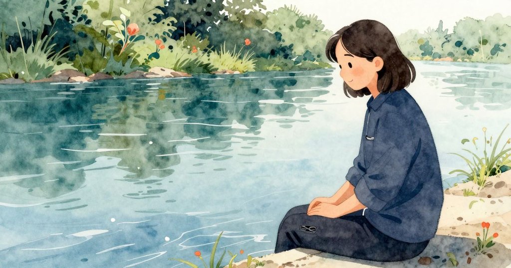 老師站在遠河岸邊,口袋裡掛著銀色剪刀,神情安靜,背景顯示柔和光線與河流。