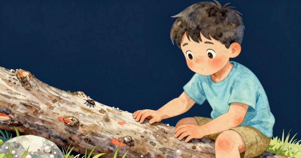 男孩細看倒木上劃痕與石頭泥痕,小甲蟲爬行,水面微光映出自然細節。