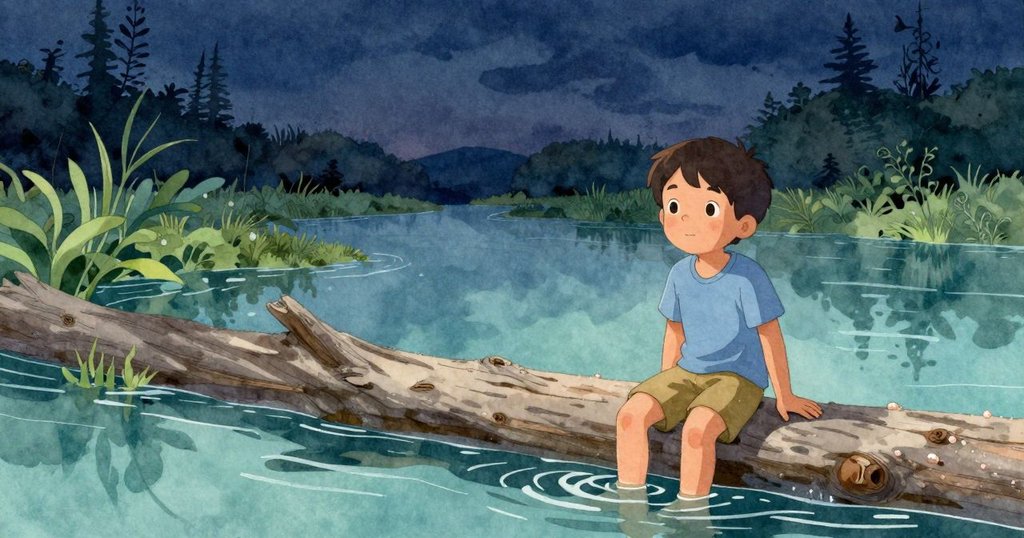 男孩回到溪邊,夕陽餘暉下木頭與水面呈現柔和變化,天色由明轉暗。