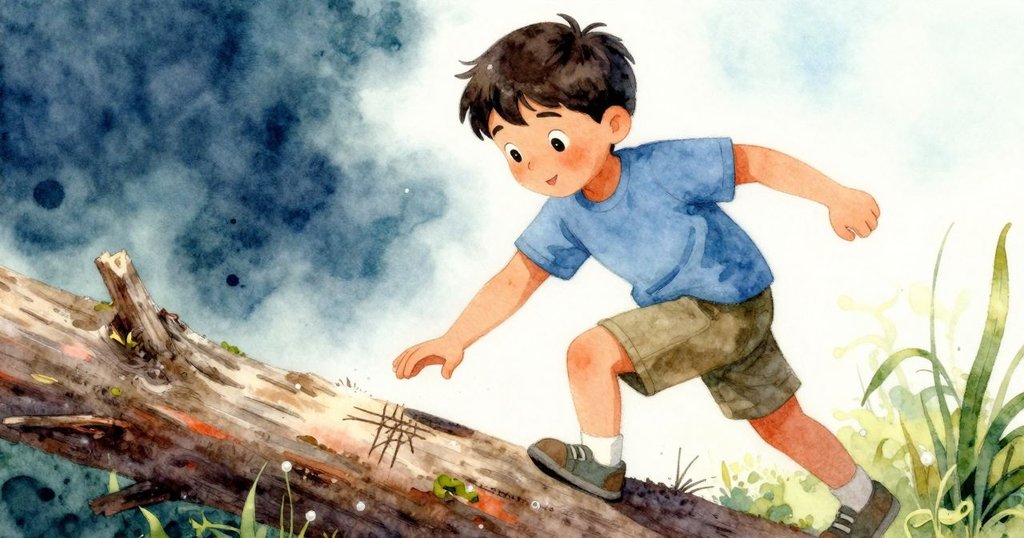 男孩充滿好奇步過倒木,動態動作中輕觸樹皮劃痕,充滿活力與探索精神。